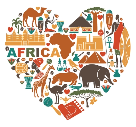 Traditional icons of Africa in the shape of a heartのイラスト素材