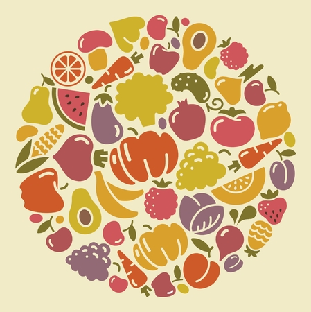 Icons of vegetables and fruit in the form of a circleのイラスト素材