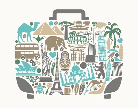 Symbols of world attractions in the form of a suitcaseのイラスト素材