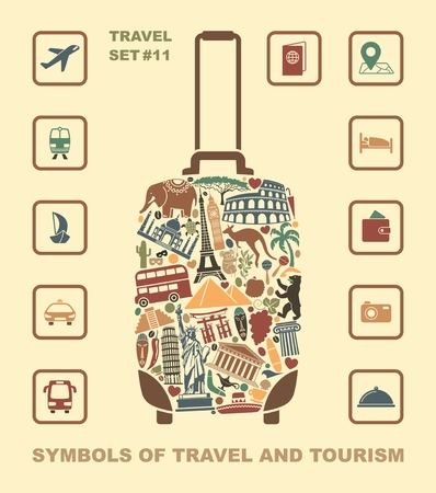 Symbols of world attractions in the form of a suitcaseのイラスト素材