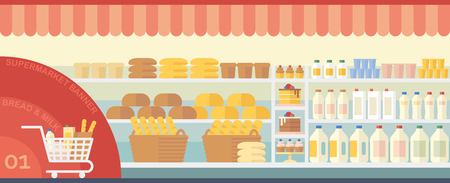 Flat interior supermarket with bread and milkのイラスト素材