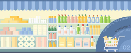 Toilet paper, wipes and cleaning supplies on showcase in a supermarketのイラスト素材
