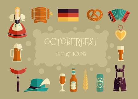 Octoberfest icon set. German food and beer symbols. Vector illustration.のイラスト素材