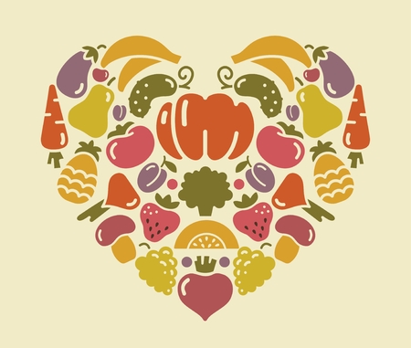 Stylized images of fruits and vegetables in the shape of a heartのイラスト素材