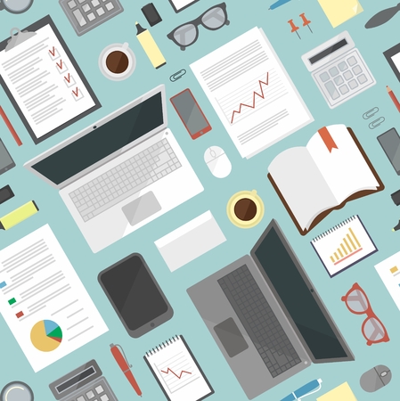 Top view of desk background with laptop, digital devices, office objects with papers and documents.のイラスト素材