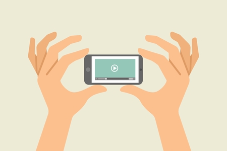 Business man holding tablet computer with video player on screen.のイラスト素材