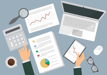 Business people working a on a desk top view with computer, calculator and stationeryのイラスト素材