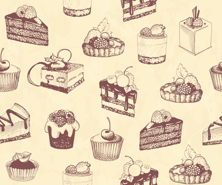 Sketches of scrumptious cupcakes and berry pie and chocolate tiered cake, decorated by butter cream, fresh strawberries and cherries, chocolate drops and wafer tubesのイラスト素材