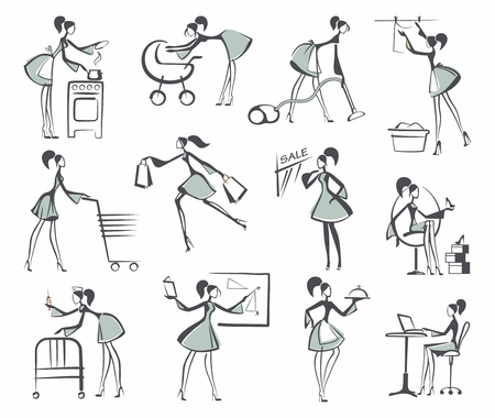 Women are engaged in different affairs. Sketches in style of a retroのイラスト素材