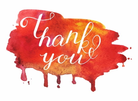 Vector handwritten calligraphy inscription on red grunge watercolor stain background - Thank you. Isolated on white background.のイラスト素材