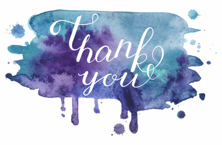 Vector handwritten calligraphy inscription on blue grunge watercolor stain background - Thank you. Isolated on white background.のイラスト素材