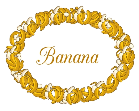 Frame made of of Cartoon Yellow Bananas on white background. Single Banana, Peeled Bunch, Slicesのイラスト素材