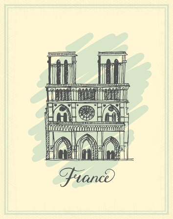 Postcard with Notre Dame de Paris Cathedral, France. vector illustration of french travel landmark.のイラスト素材