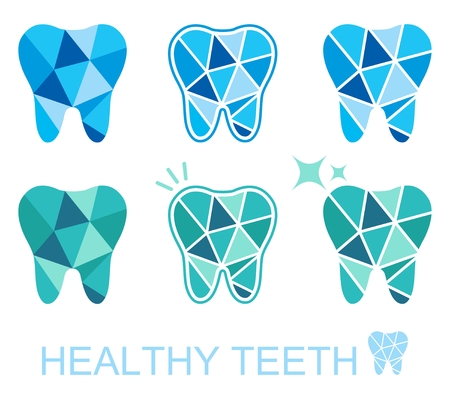Tooth logo set. Vector illustration for dental clinic branding with teeth in modern style - polygonal low poly in blue and whiteのイラスト素材