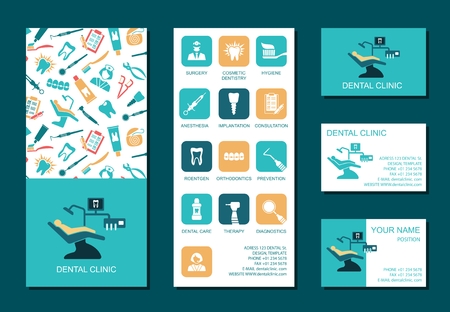 Set of flyerand business cards for dental clinic. Set of promotional products. Flat design. Vector illustrationの写真素材