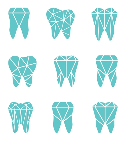 Tooth logo set. Vector illustration for dental clinic branding with teeth in modern style - polygonal low poly in blue and whiteのイラスト素材