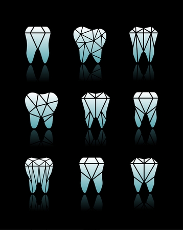 Tooth logo set. Vector illustration for dental clinic branding with teeth in modern style - polygonal low poly in blue and whiteのイラスト素材