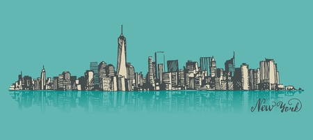 Manhattan New York United States of America, engraved vector illustration, hand drawn, sketchのイラスト素材