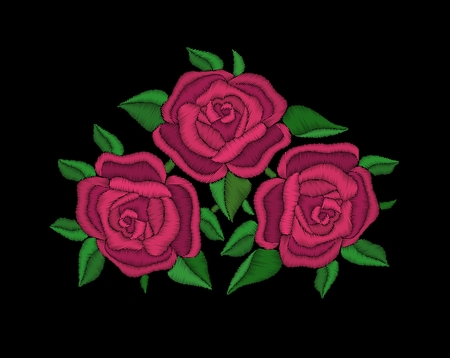 Three red roses with leaves on black background. Embroidery.のイラスト素材