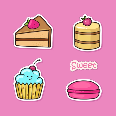 Collection of cute stickers with sweets. Macaron, cake, cupcakeのイラスト素材