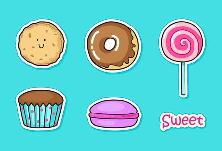 Collection of cute stickers with sweets. Cookie, donut, macaron and candyのイラスト素材