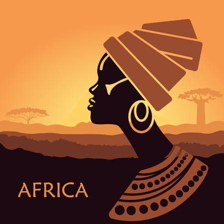 Tropical landscape. Beautiful black woman. African savannah cardのイラスト素材