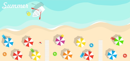 Top view of beach, sea, beach umbrellas and boatsのイラスト素材