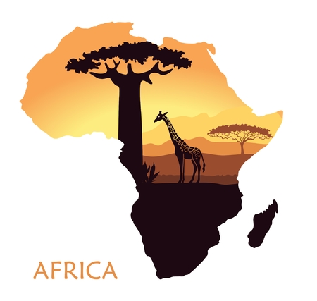 Sunset in the Savannah. The landscape in the form of a map of Africaのイラスト素材