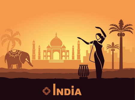 Stylized landscape of India with the Taj Mahal, an elephant and a dancerのイラスト素材