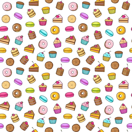 Seamless background of sweet and dessert doodle. Pattern wiht cute cake, sweet donat, cartoon cookies and macaronのイラスト素材