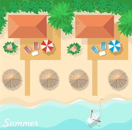 Aerial view of summer beach in flat design style. Bungalow resort for summer holidays.のイラスト素材