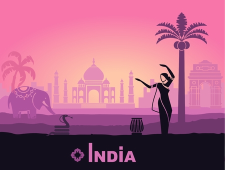 Stylized landscape of India with the Taj Mahal, an elephant and a dancerのイラスト素材