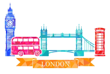 Big Ben, tower bridge, double-Decker, red telephone box. Traditional symbols of London in polygonal styleのイラスト素材