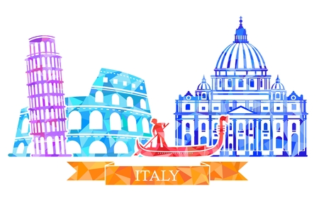 The Colosseum, leaning tower, gondolier, St. Peter s Cathedral. Traditional symbols of Italy in polygonal style.のイラスト素材