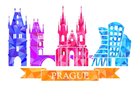 Powder tower, Charles bridge, Tyn Church, Prague dancing house. Traditional symbols of Prague, in the polygonal styleのイラスト素材