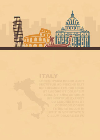 The template of the leaflets with a map and architectural attractions of Italy on old paperのイラスト素材