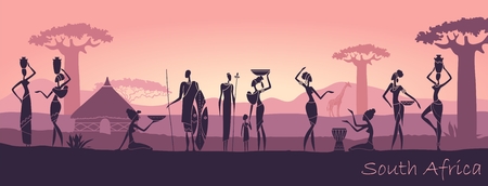 African men and women against the landscape of Africaのイラスト素材