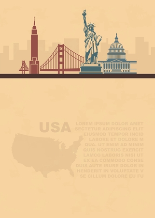 Template leaflets with a map and architectural landmarks of the USA and place for text on old paperのイラスト素材