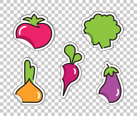 Stickers with images of vegetables. Tomato, broccoli, radish, onion and eggplant on a transparent backgroundのイラスト素材
