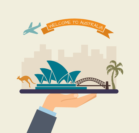 Welcome to Australia. Attractions of Australia on a trayのイラスト素材