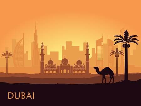 Skyline of Dubai with camel and date palm. United Arab Emiratesのイラスト素材