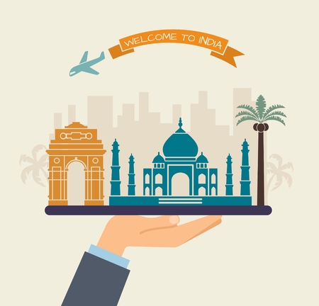 Welcome to India. Attractions of India on a trayのイラスト素材