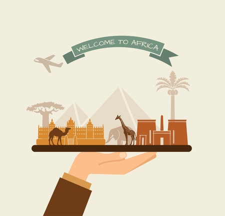Welcome to Africa. Attractions of Africa on a trayのイラスト素材