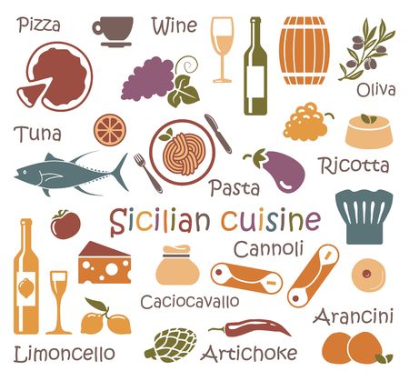 The set of symbols of Sicilian cuisine. Traditional products and dishes of Sicilyのイラスト素材
