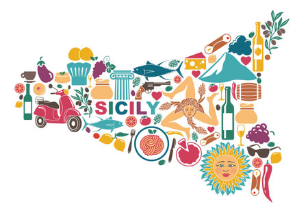 Stylized map of Sicily with traditional symbolsのイラスト素材