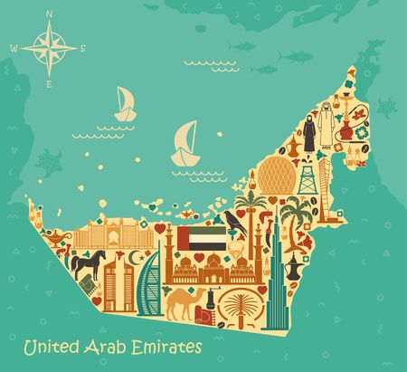 Map of United Arab Emirates consisting of the traditional symbols of Dubaiのイラスト素材