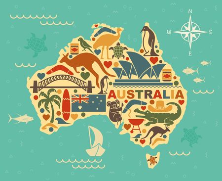 Traditional symbols of Australian culture and nature in the form of maps