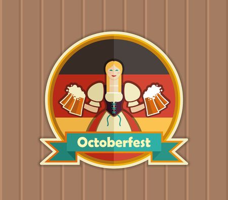 Bavarian girl with beer. Oktoberfest label with ribbon banner and space for text, isolatedのイラスト素材