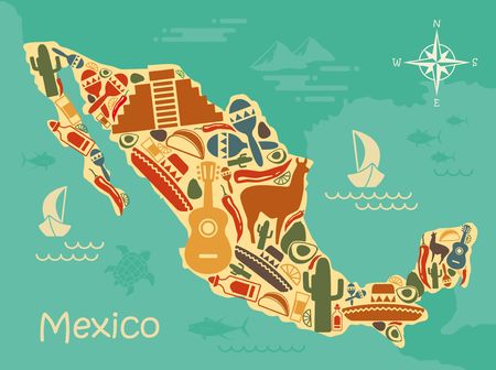 Stylized map of Mexico with traditional symbolsのイラスト素材