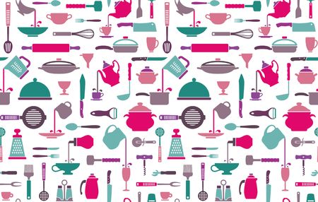 A seamless background with icons of kitchen ware and utensils.のイラスト素材